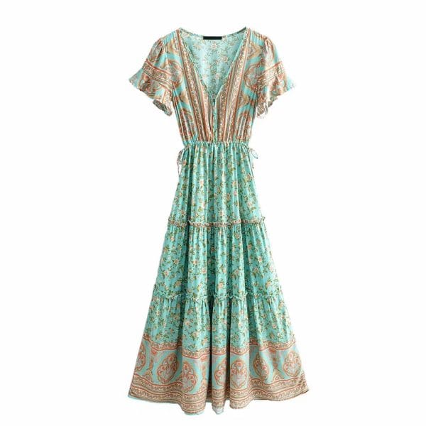 Robe Bohème Fleurie Verte Élégante – Style Estival Romantique et Chic