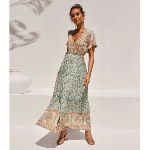 Robe Bohème Fleurie Verte Élégante – Style Estival Romantique et Chic